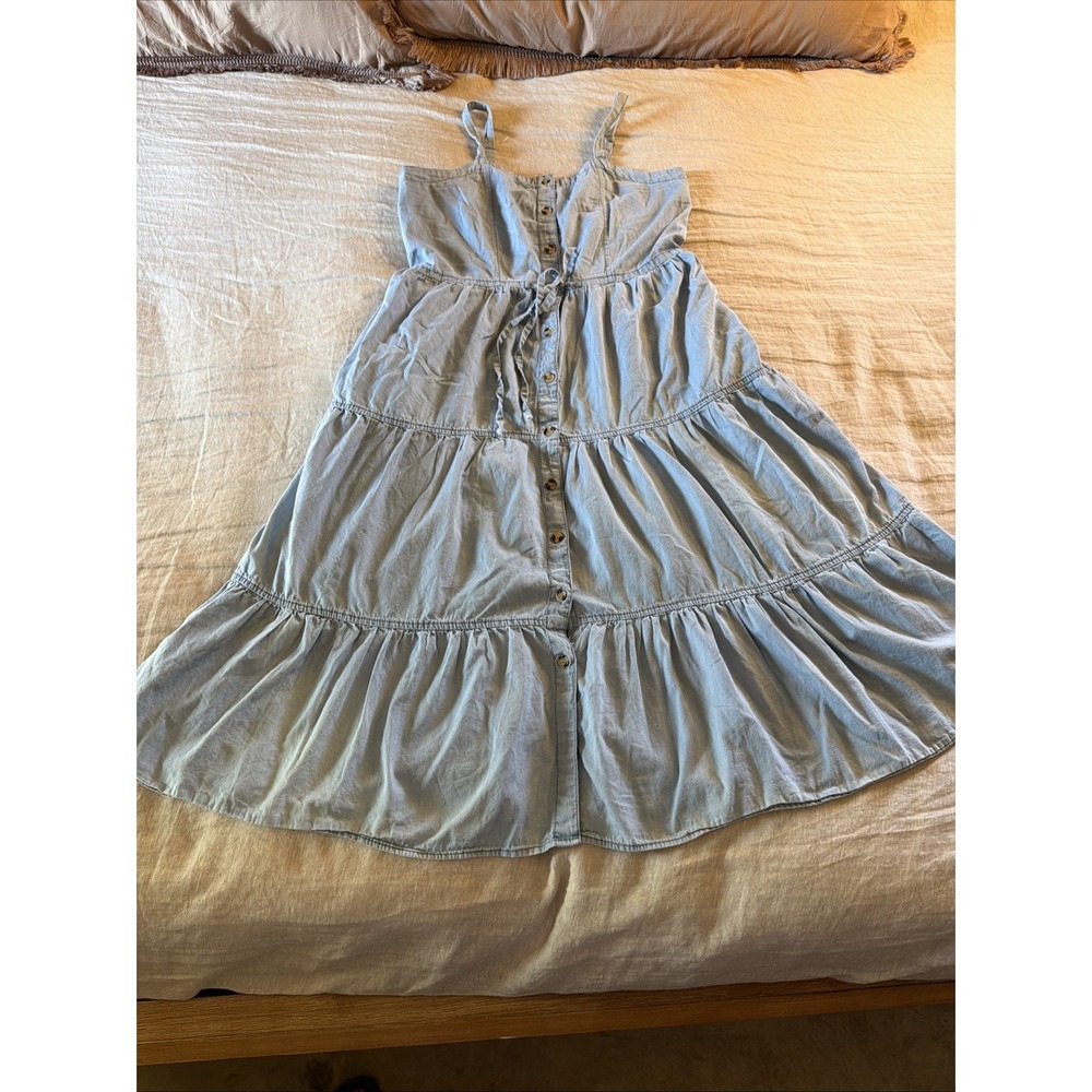MPH Collection Lt Blue Denim Button Down Dress Medium 100% Cotton Adj Straps